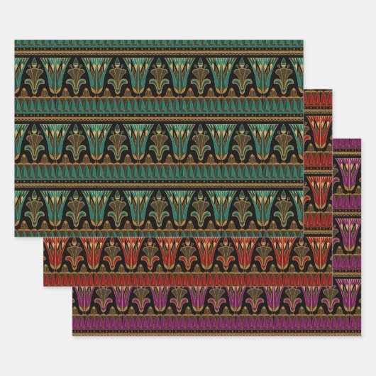 赤、緑、紫、金ゴールドアールデコ ラッピングペーパーシート (セット)