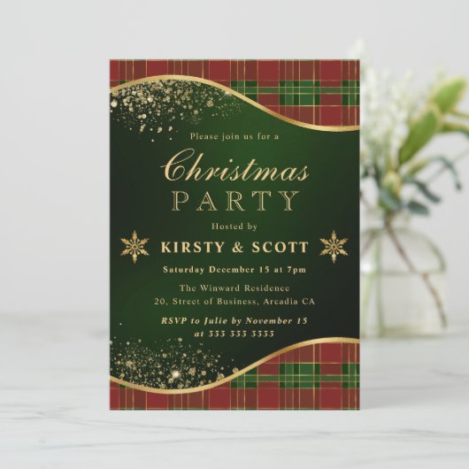 赤、緑、金ゴールドの格子模様のクリスマスパーティー 招待状 (スタンド正面)