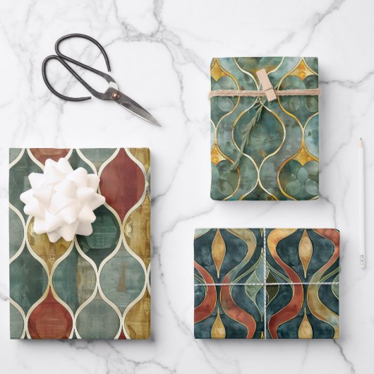 赤、緑、金ゴールドアラベスク3ラッピング紙シート ラッピングペーパーシート (正面)