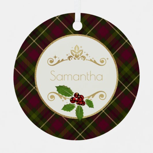 赤、緑、金ゴールド、クリスマスの名前 メタルオーナメント (正面)