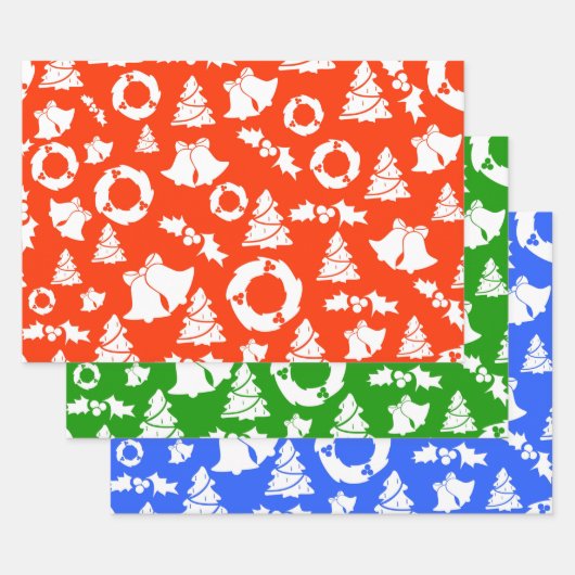 赤、緑、青のクリスマスパターン ラッピングペーパーシート (セット)
