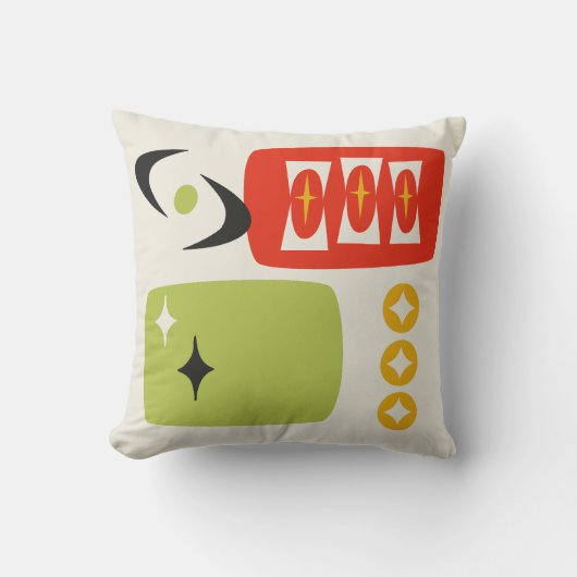 赤、緑、黄色のアトミック時代MCMパターン クッション (正面)