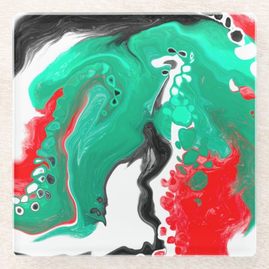 赤、緑、黒、白の大理石の流体アート ガラスコースター (正面)