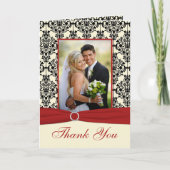 赤、象牙色、黒のダマスク写真感謝カード サンキューカード (正面)