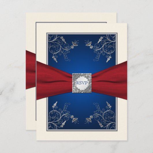 赤、象牙、アズールブルーの花柄の出欠返信カード 出欠カード (正面/裏面)