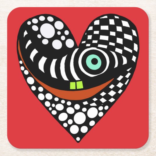 赤、赤の抽象芸術ハート スクエアペーパーコースター (正面)