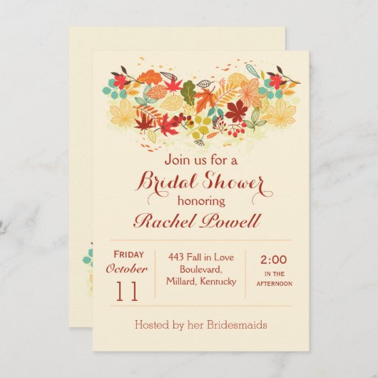 赤、金ゴールドおよび茶色の秋の葉のブライダルシャワー 招待状 (正面/裏面)