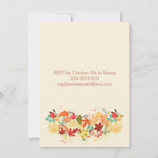 赤、金ゴールドおよび茶色の秋の葉のブライダルシャワー 招待状 (裏面)