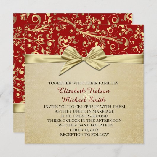 赤/金ゴールドクリスマスリボンダマスクウェディング招待状 招待状 (正面/裏面)