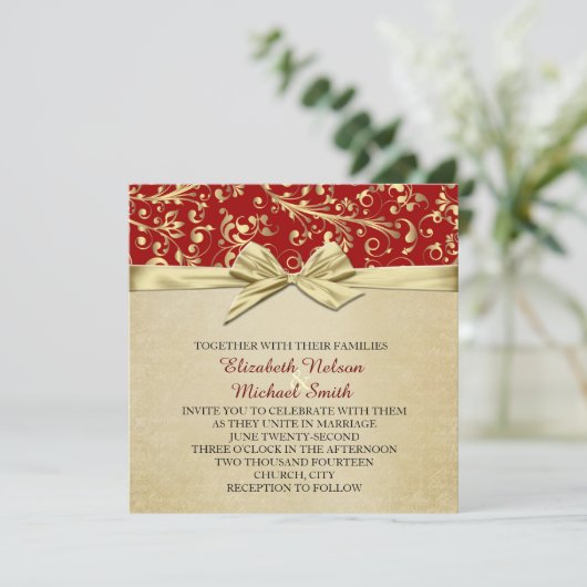 赤/金ゴールドクリスマスリボンダマスクウェディング招待状 招待状 (スタンド正面)