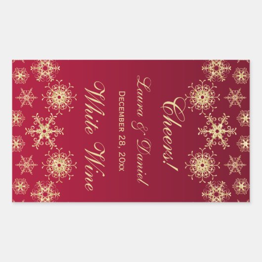 赤、金ゴールドグリッタースノーフレークのワインラベルシール 長方形シール (正面)