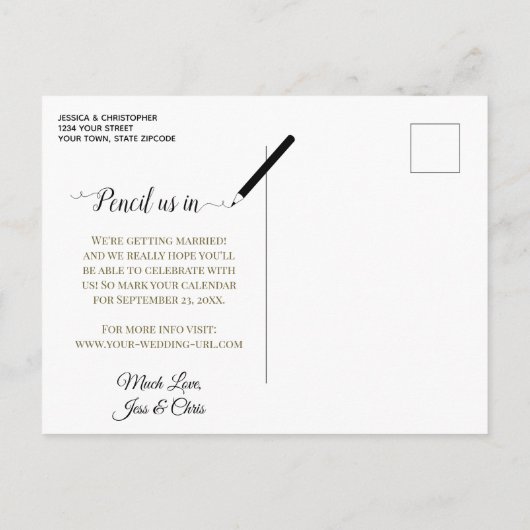 赤&金ゴールドシック書道結婚式の日付を保存 案内ポストカード (裏面)