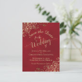 赤&金ゴールドシック書道結婚式の日付を保存 案内ポストカード (スタンド正面)