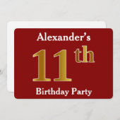 赤、金ゴールドフェイク11th誕生日パーティー+名前をカスタムする 招待状 (正面/裏面)
