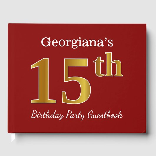 赤、金ゴールドフェイク15th誕生日パーティー+名前をカスタムする ゲストブック (正面)