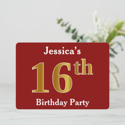 赤、金ゴールドフェイク16th誕生日パーティー+名前をカスタムする 招待状 (スタンド正面)