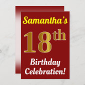 赤、金ゴールドフェイク18番目の誕生祝い+名前 招待状 (正面/裏面)