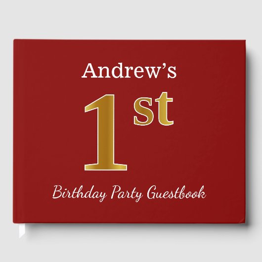 赤、金ゴールドフェイク1st誕生日パーティー+名前をカスタムする ゲストブック (正面)