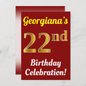 赤、金ゴールドフェイク22番目の誕生祝い+名前 招待状 (正面/裏面)