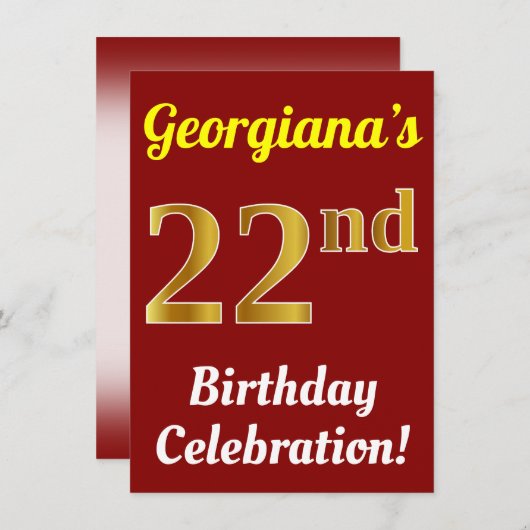 赤、金ゴールドフェイク22番目の誕生祝い+名前 招待状 (正面/裏面)