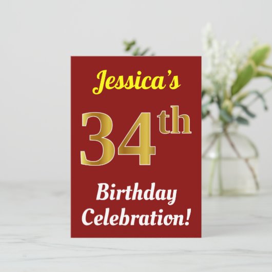 赤、金ゴールドフェイク34番目の誕生祝い+名前 招待状 (スタンド正面)