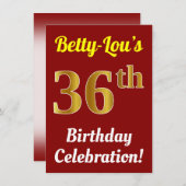 赤、金ゴールドフェイク36番目の誕生祝い+名前 招待状 (正面/裏面)