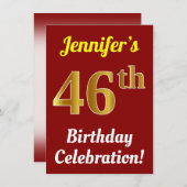 赤、金ゴールドフェイク46番目の誕生祝い+名前 招待状 (正面/裏面)