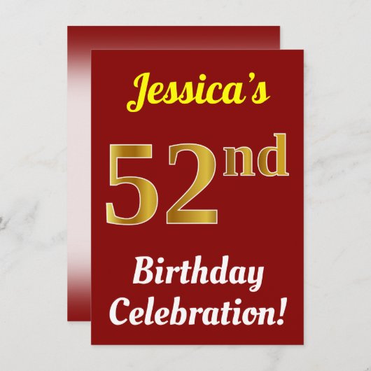 赤、金ゴールドフェイク52番目の誕生祝い+名前 招待状 (正面/裏面)