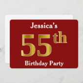 赤、金ゴールドフェイク55th誕生日パーティー+名前をカスタムする 招待状 (正面/裏面)
