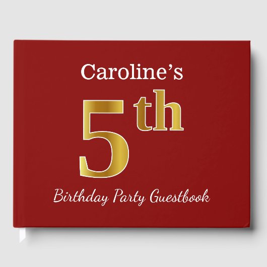 赤、金ゴールドフェイク5th誕生日パーティー+名前をカスタムする ゲストブック (正面)