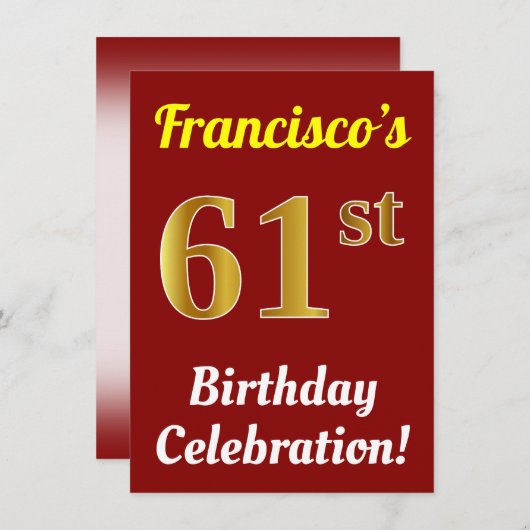 赤、金ゴールドフェイク61st誕生祝い+名前 招待状 (正面/裏面)