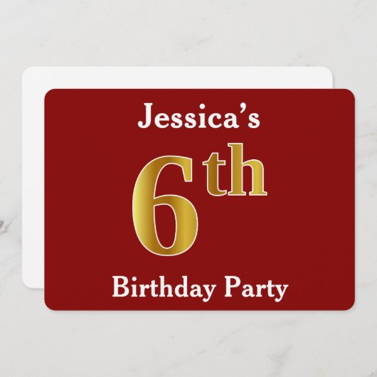 赤、金ゴールドフェイク6th誕生日パーティー+名前をカスタムする 招待状 (正面/裏面)