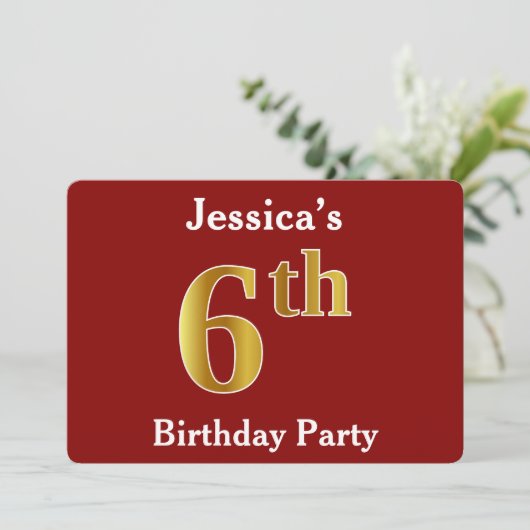 赤、金ゴールドフェイク6th誕生日パーティー+名前をカスタムする 招待状 (スタンド正面)