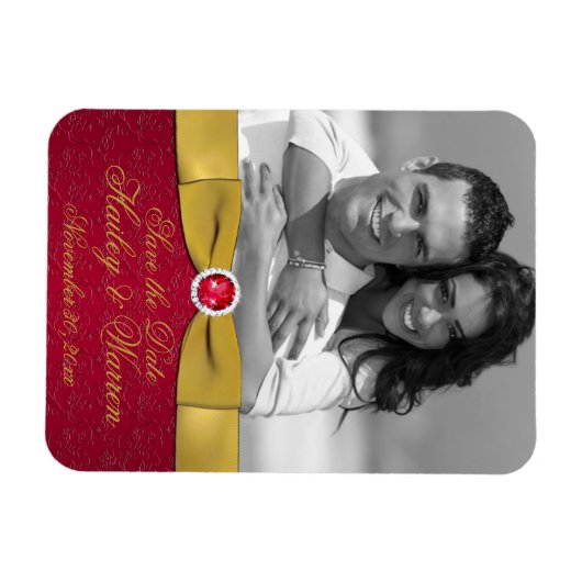 赤、金ゴールドフローラ日付写真マグネットを保存 マグネット (横)