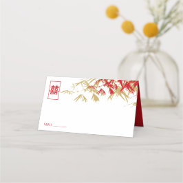 赤&金ゴールド竹葉のダブル中国のシ結婚ス プレイスカード