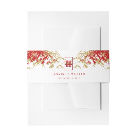 赤/金ゴールド葉竹のDouble中国の Xi結婚 s 招待状ベリーバンド (正面例)