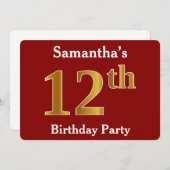 赤、金ゴールド12フェイク歳の誕生日パーティー+名前をカスタムする 招待状 (正面/裏面)
