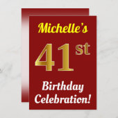 赤、金ゴールド41フェイク番目の誕生祝い+名前 招待状 (正面/裏面)