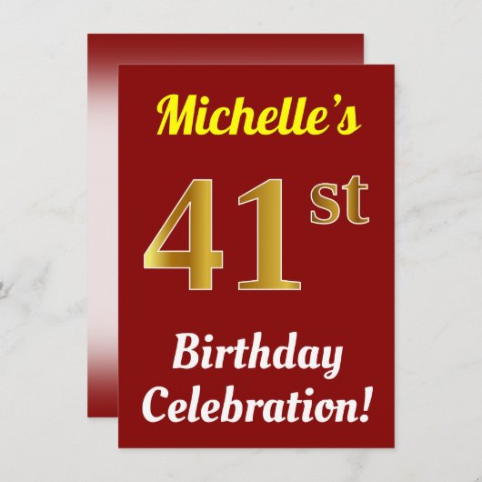 赤、金ゴールド41フェイク番目の誕生祝い+名前 招待状 (正面/裏面)