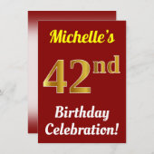 赤、金ゴールド42番フェイク目の誕生祝い+名前 招待状 (正面/裏面)