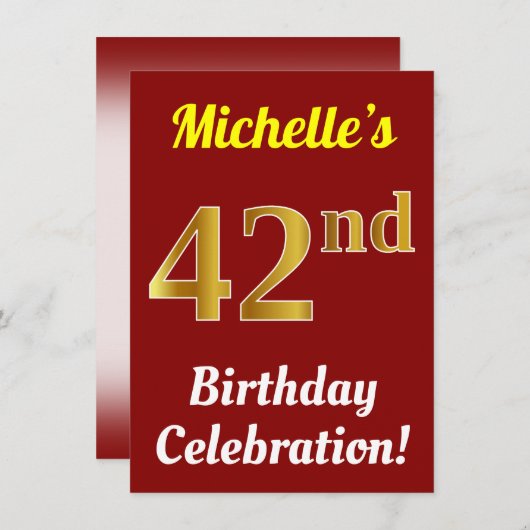 赤、金ゴールド42番フェイク目の誕生祝い+名前 招待状 (正面/裏面)