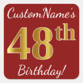 赤、金ゴールド48フェイク誕生日+名前をカスタムするシール スクエアシール (正面)