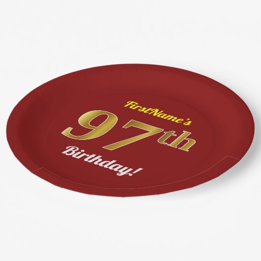 赤、金ゴールド97フェイク誕生日+名前をカスタムする ペーパープレート (アングル)