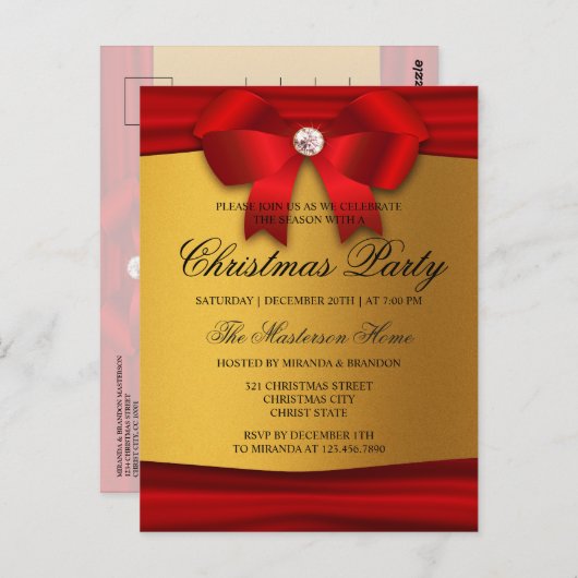 赤、金ゴールド、ダイヤモンドクリスマスパーティの招待状 ポストカード (正面/裏面)
