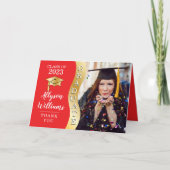 赤 | 金色の卒業波 卒業帽の写真 サンキューカード (正面)