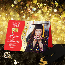 赤 | 金色の卒業波 卒業帽の写真 サンキューカード