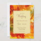 赤、金、オレンジ、緑のインクを使った結婚式の招待状 セーブザデート (正面)