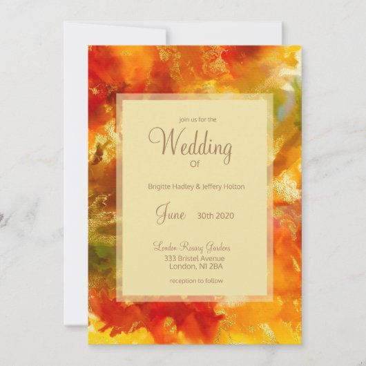 赤、金、オレンジ、緑のインクを使った結婚式の招待状 セーブザデート (正面)