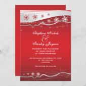 赤、銀の灰色のスノーフレーク冬の結婚式 招待状 (正面/裏面)