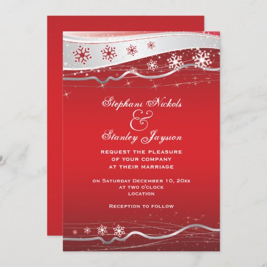 赤、銀の灰色のスノーフレーク冬の結婚式 招待状 (正面/裏面)